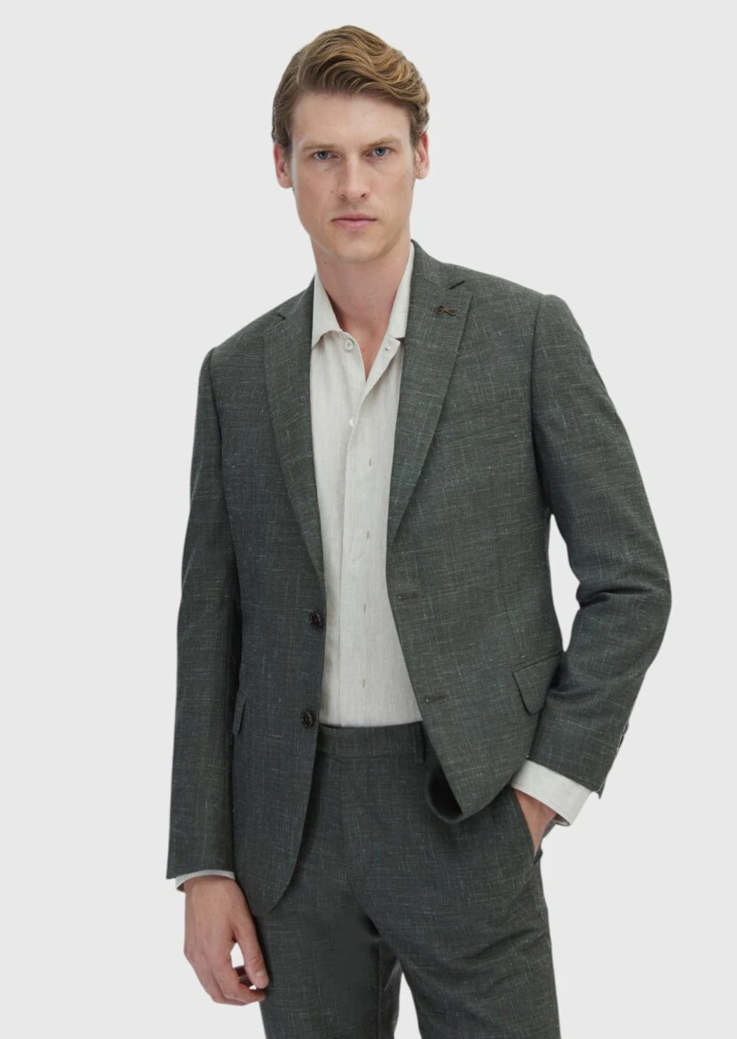 Khaki Plain Regular Fit Silk Blended Suit - 1