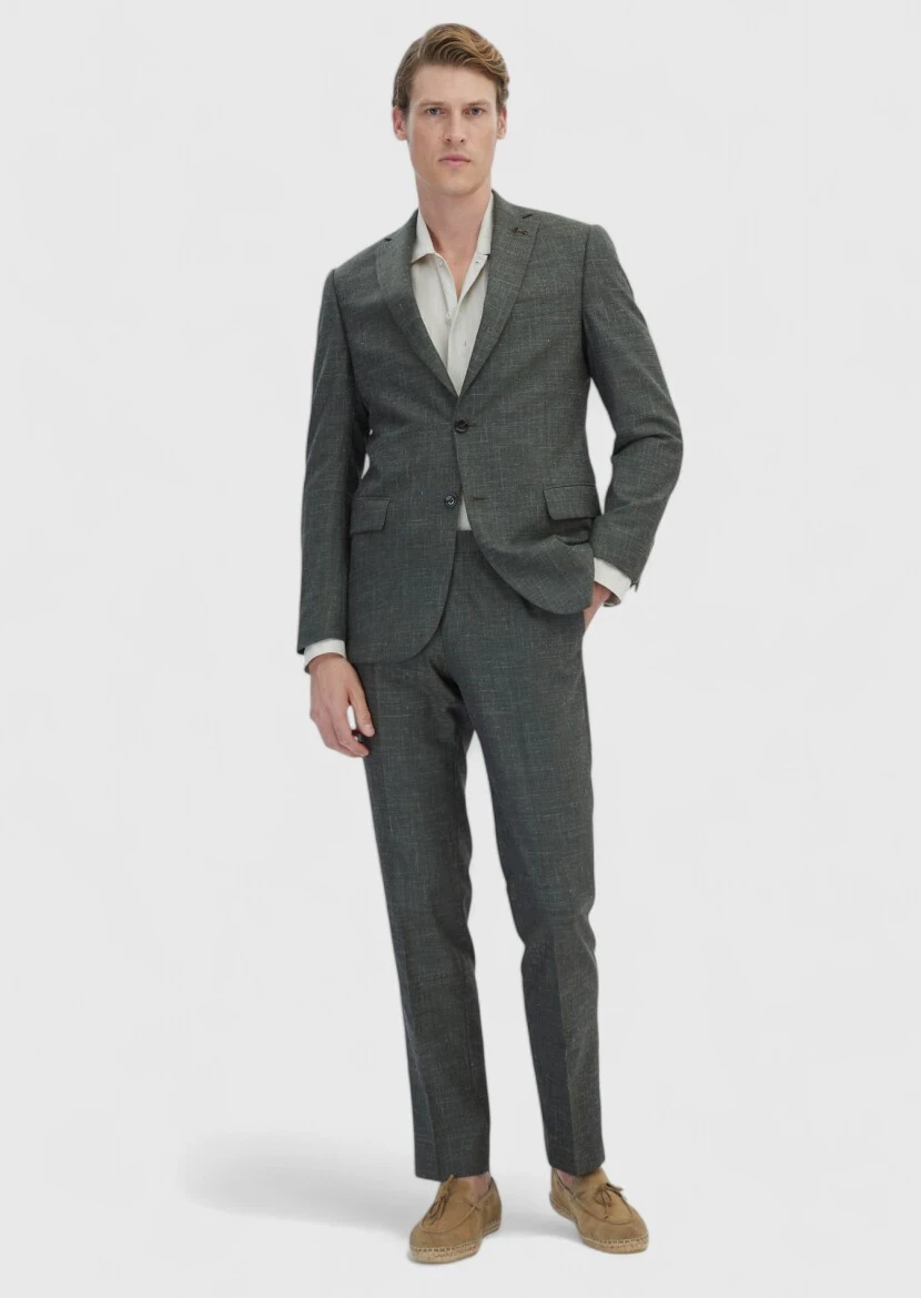 Khaki Plain Regular Fit Silk Blended Suit - 2