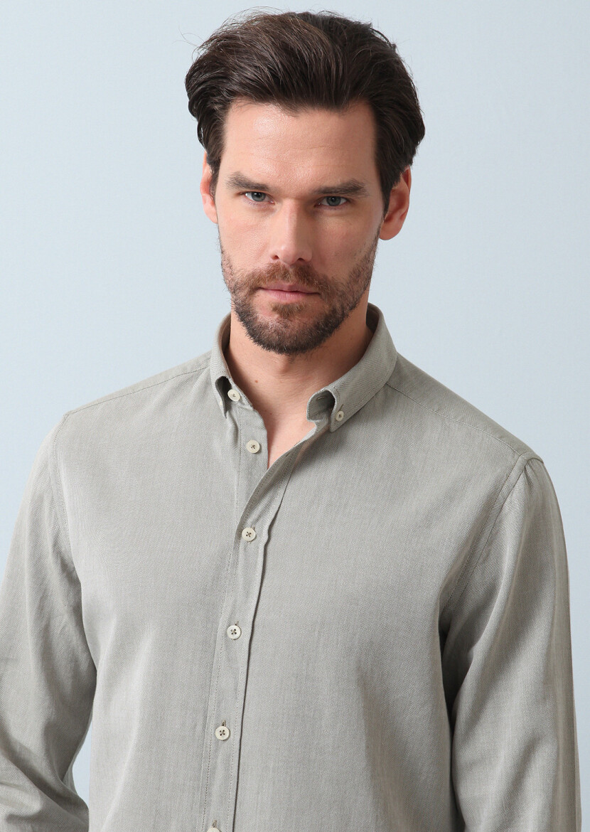 Khaki Plain Regular Fit Weaving Casual 100% Cotton Shirt - 1