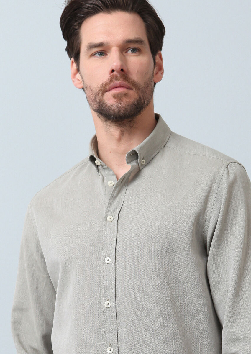 Khaki Plain Regular Fit Weaving Casual 100% Cotton Shirt - 4