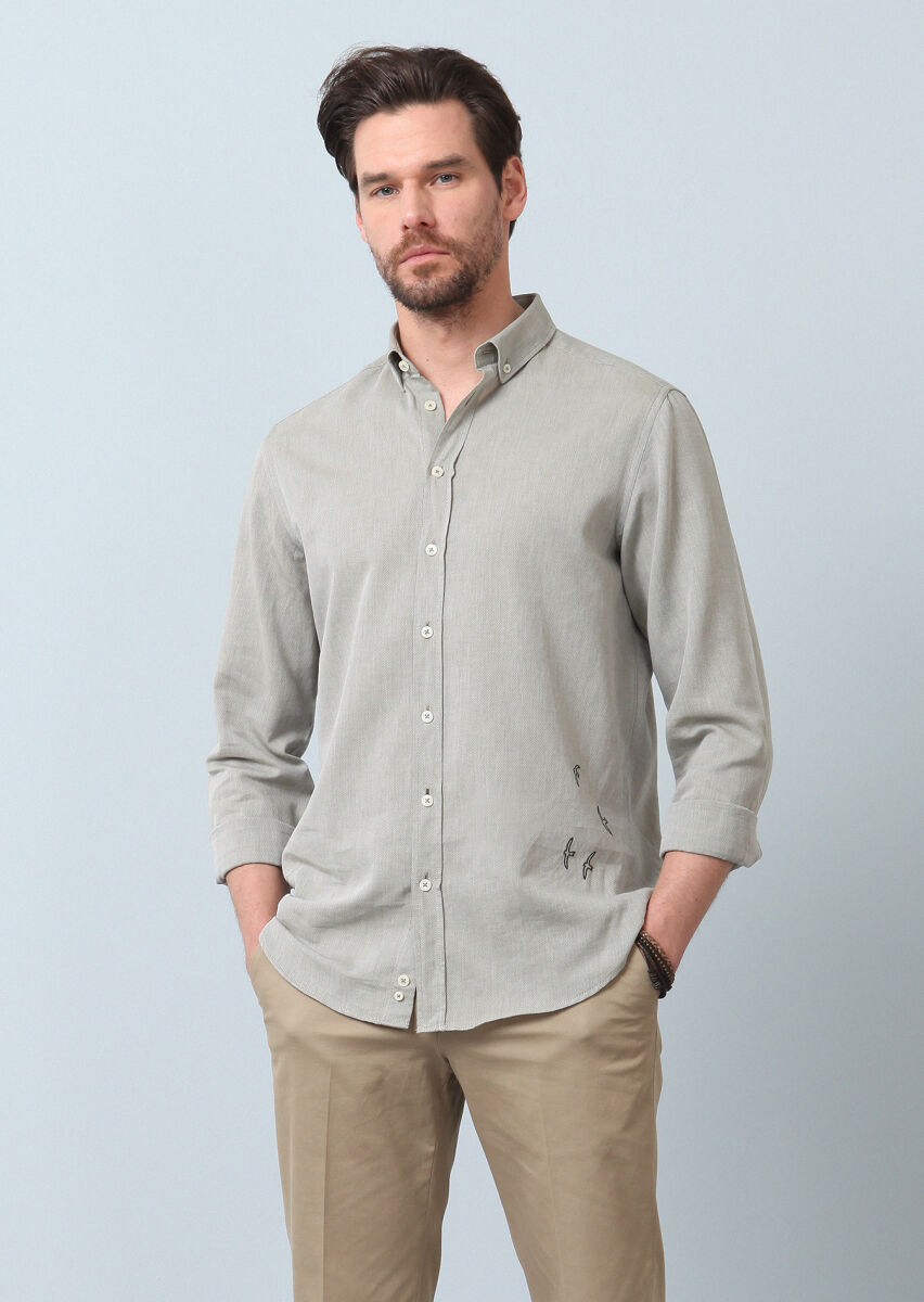 Khaki Plain Regular Fit Weaving Casual 100% Cotton Shirt - 5