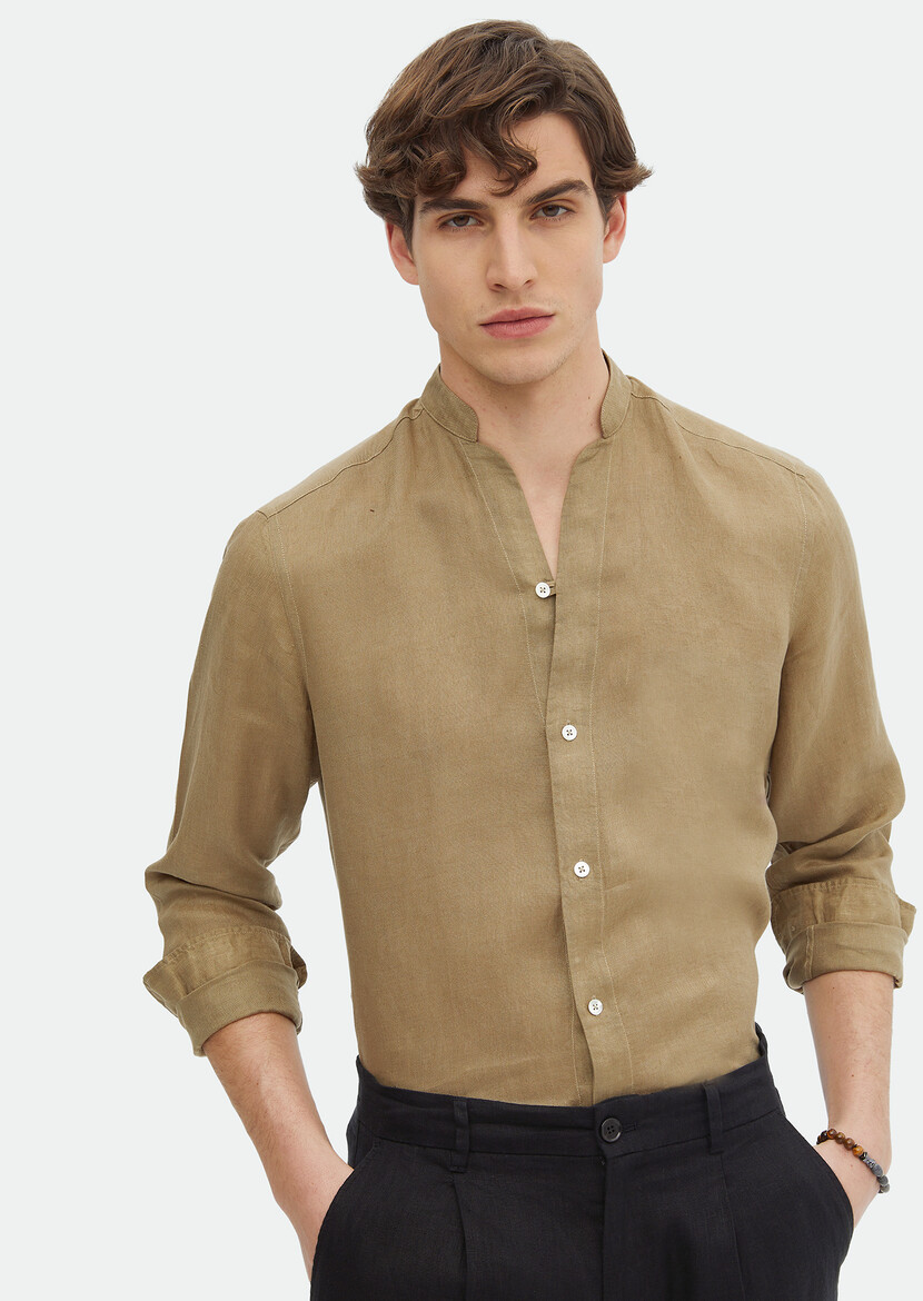 Khaki Plain Regular Fit Weaving Casual 100% Linen Shirt 