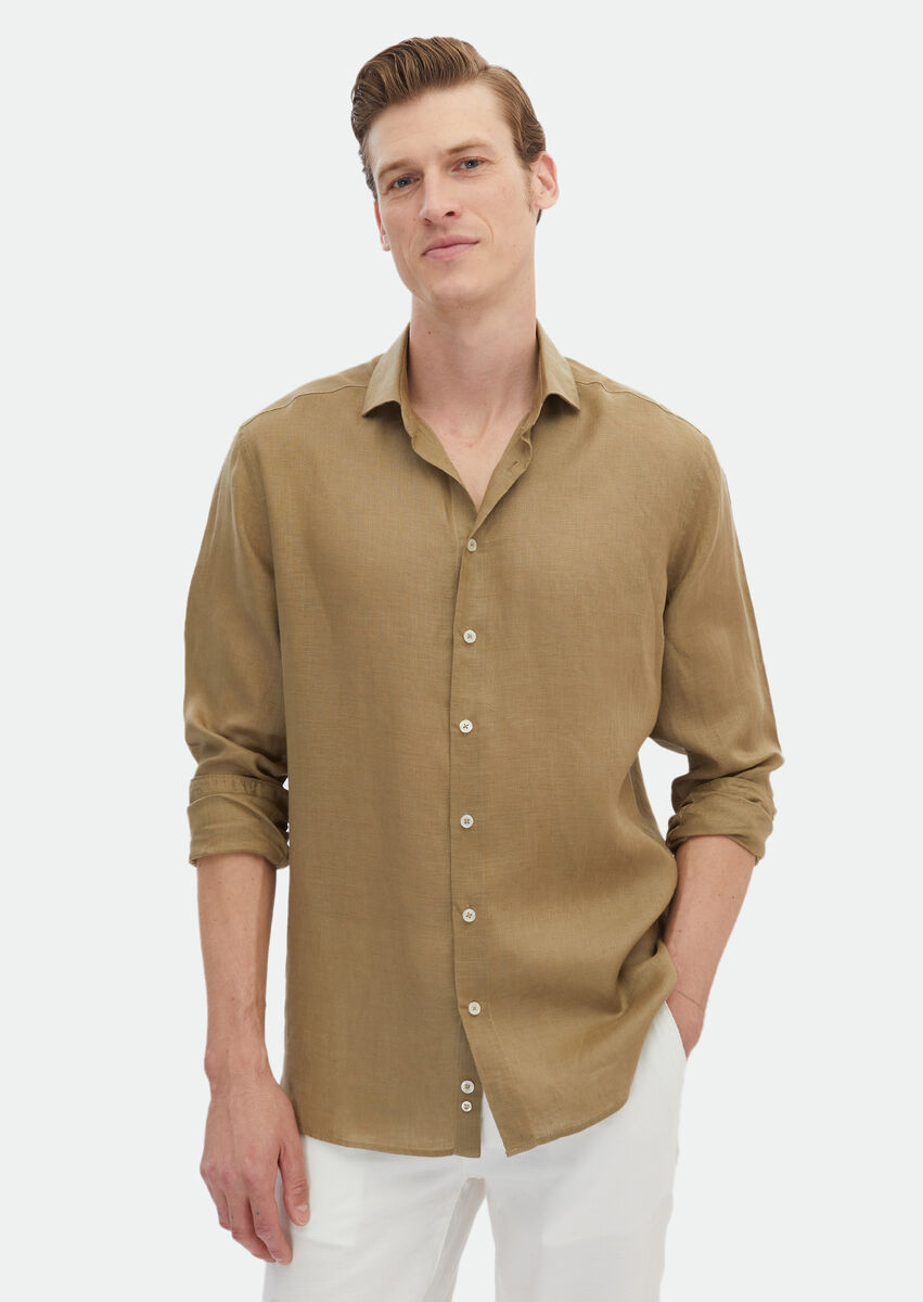 Khaki Plain Regular Fit Weaving Casual 100% Linen Shirt - 1