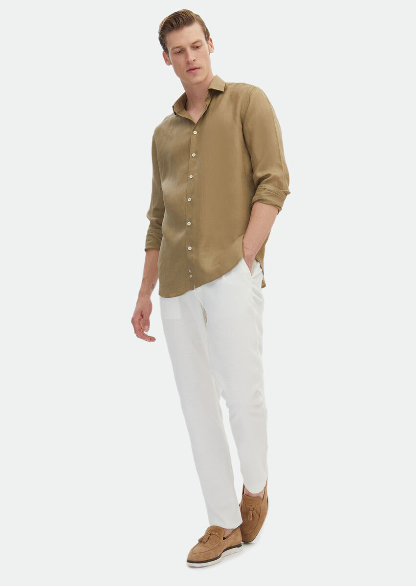 Khaki Plain Regular Fit Weaving Casual 100% Linen Shirt - 2