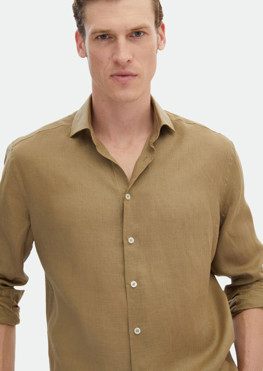 Khaki Plain Regular Fit Weaving Casual 100% Linen Shirt - 3