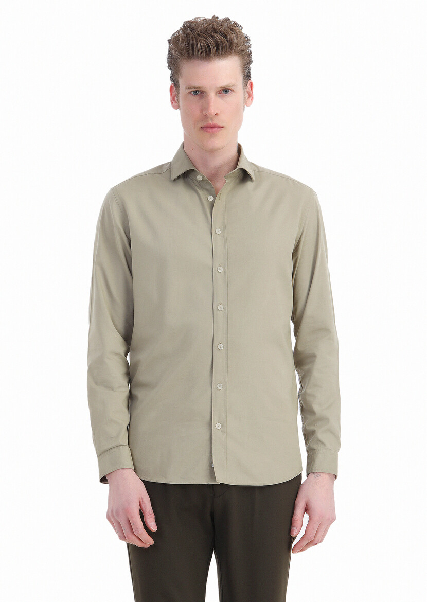 Khaki Plain Regular Fit Weaving Casual Cotton Blended Shirt 