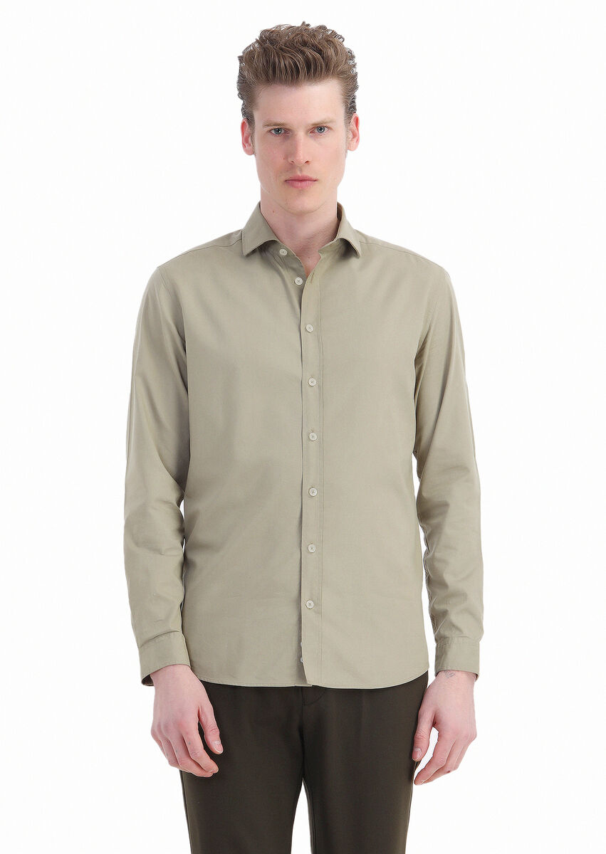 Khaki Plain Regular Fit Weaving Casual Cotton Blended Shirt - 1