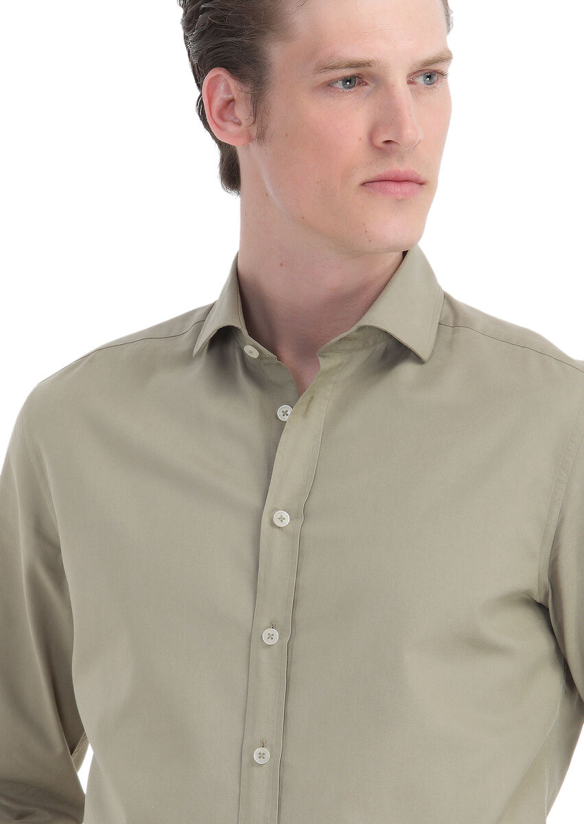 Khaki Plain Regular Fit Weaving Casual Cotton Blended Shirt - 3