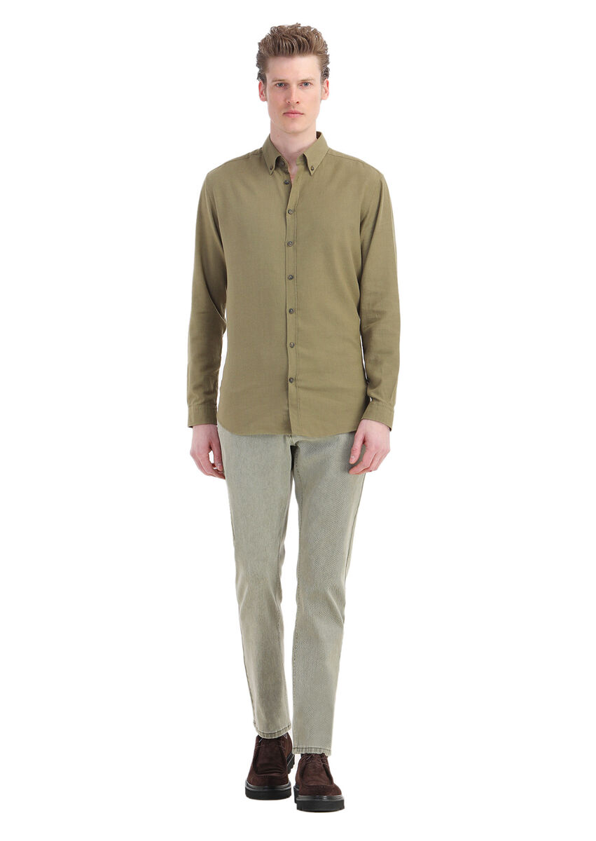 Khaki Plain Regular Fit Weaving Casual Wool Blended Shirt - 2