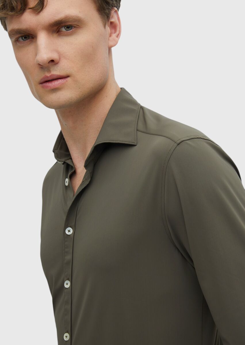 Khaki Plain Regular Fit Weaving Classical Shirt - 3