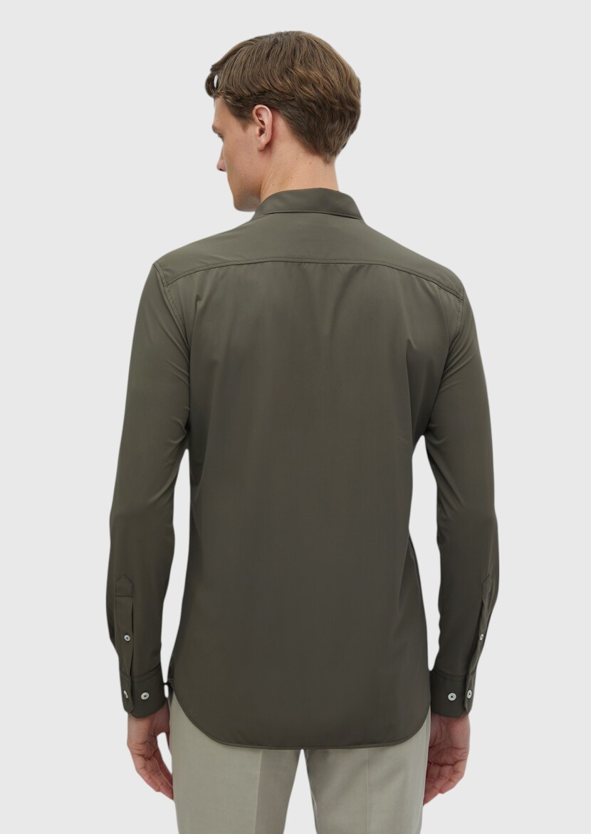 Khaki Plain Regular Fit Weaving Classical Shirt - 5