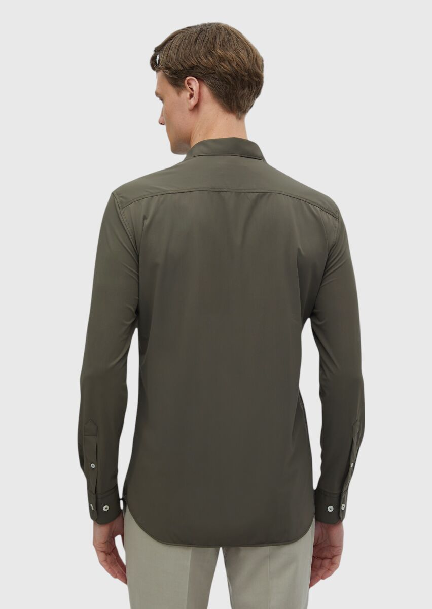 Khaki Plain Regular Fit Weaving Classical Shirt - 5