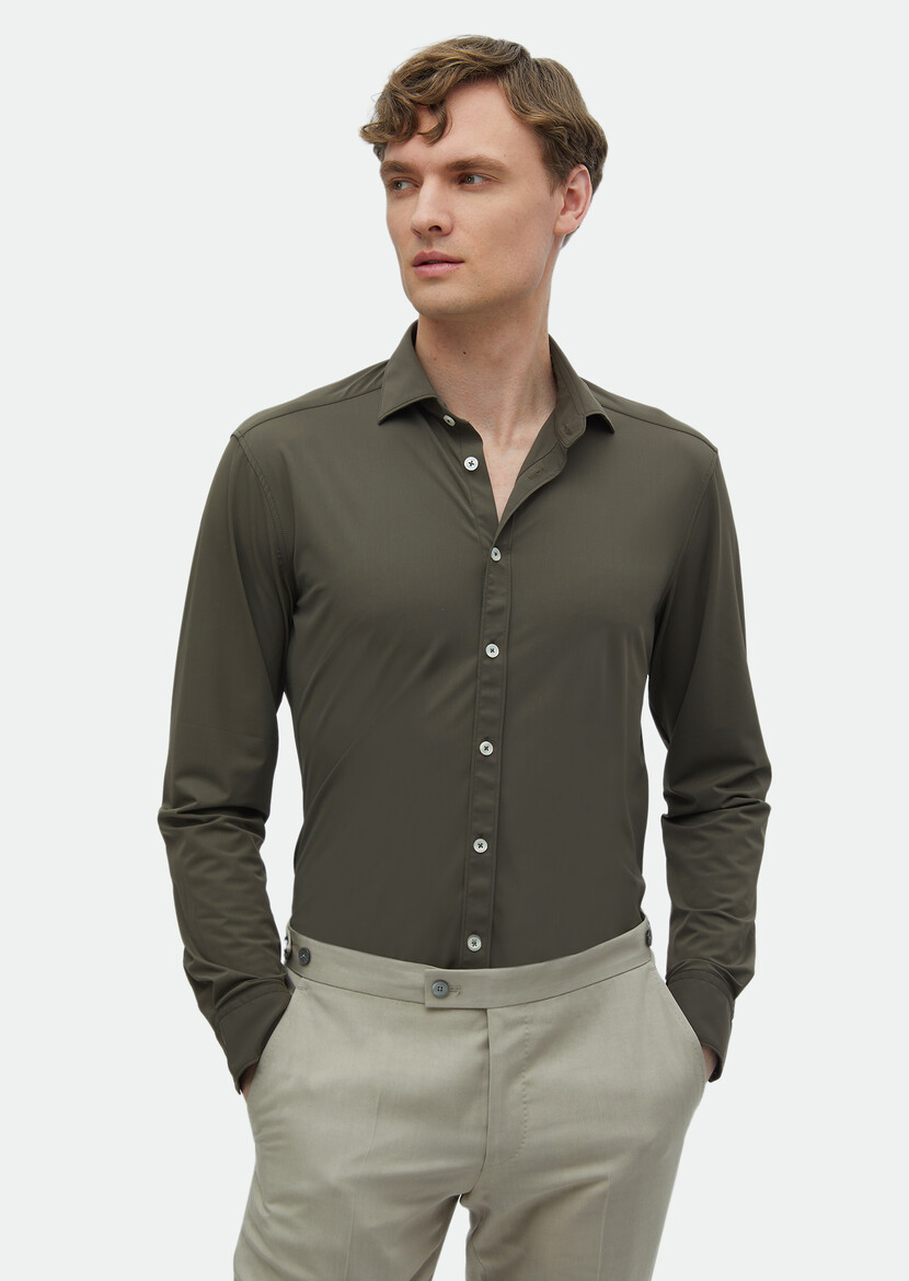 Khaki Plain Regular Fit Weaving Classical Shirt 