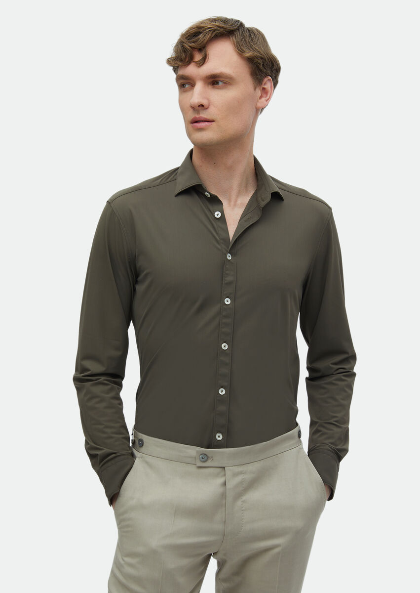 Khaki Plain Regular Fit Weaving Classical Shirt - 1