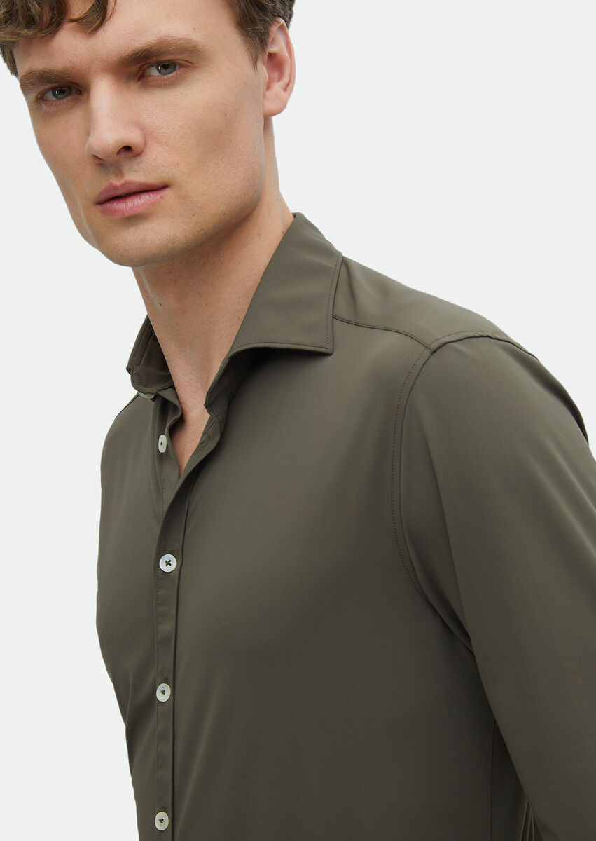 Khaki Plain Regular Fit Weaving Classical Shirt - 3