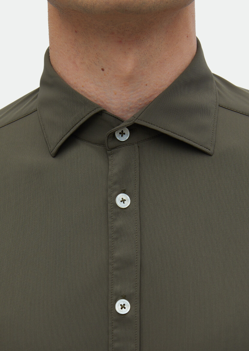 Khaki Plain Regular Fit Weaving Classical Shirt - 4