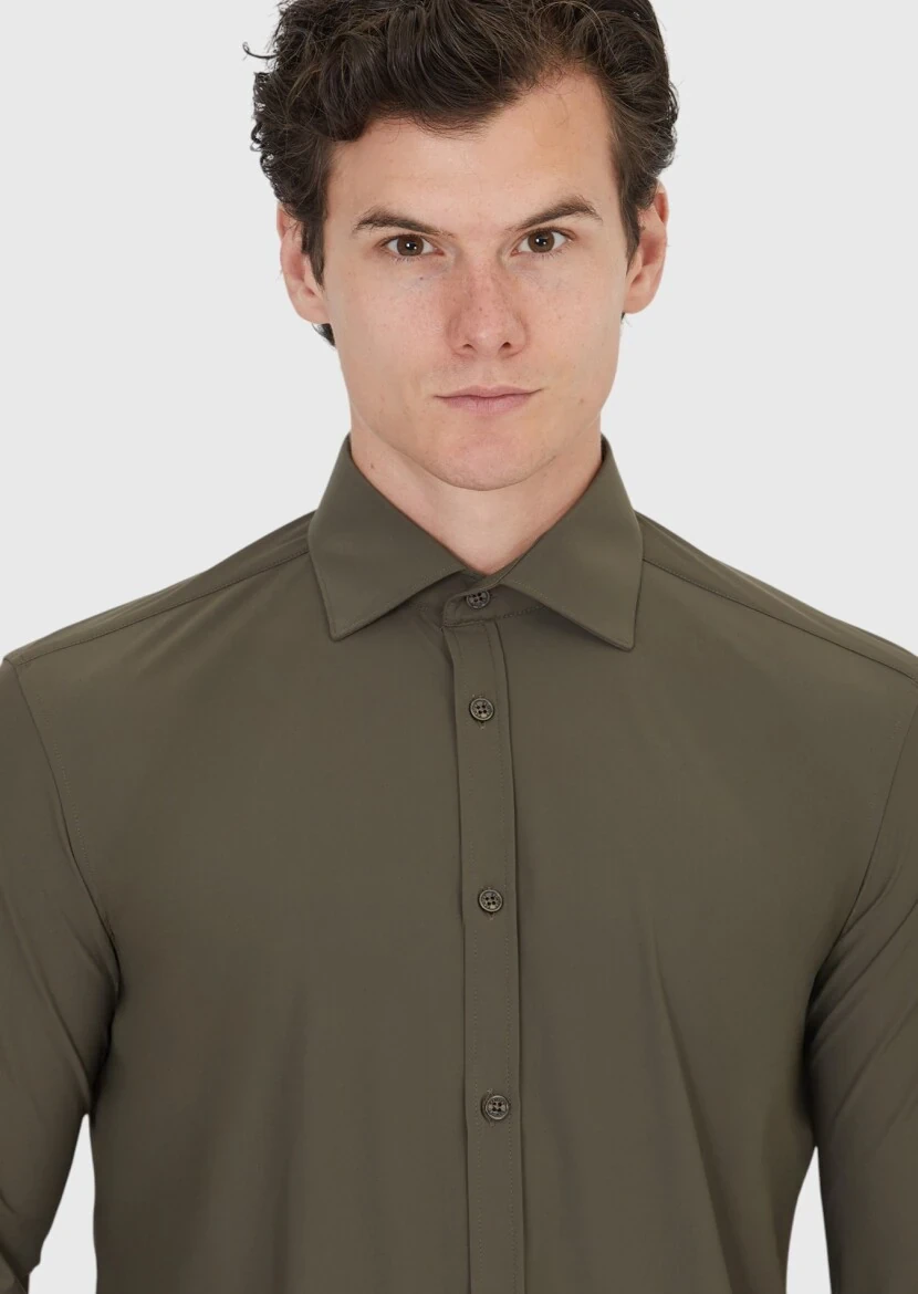 Khaki Plain Regular Fit Weaving Classical Shirt - 3