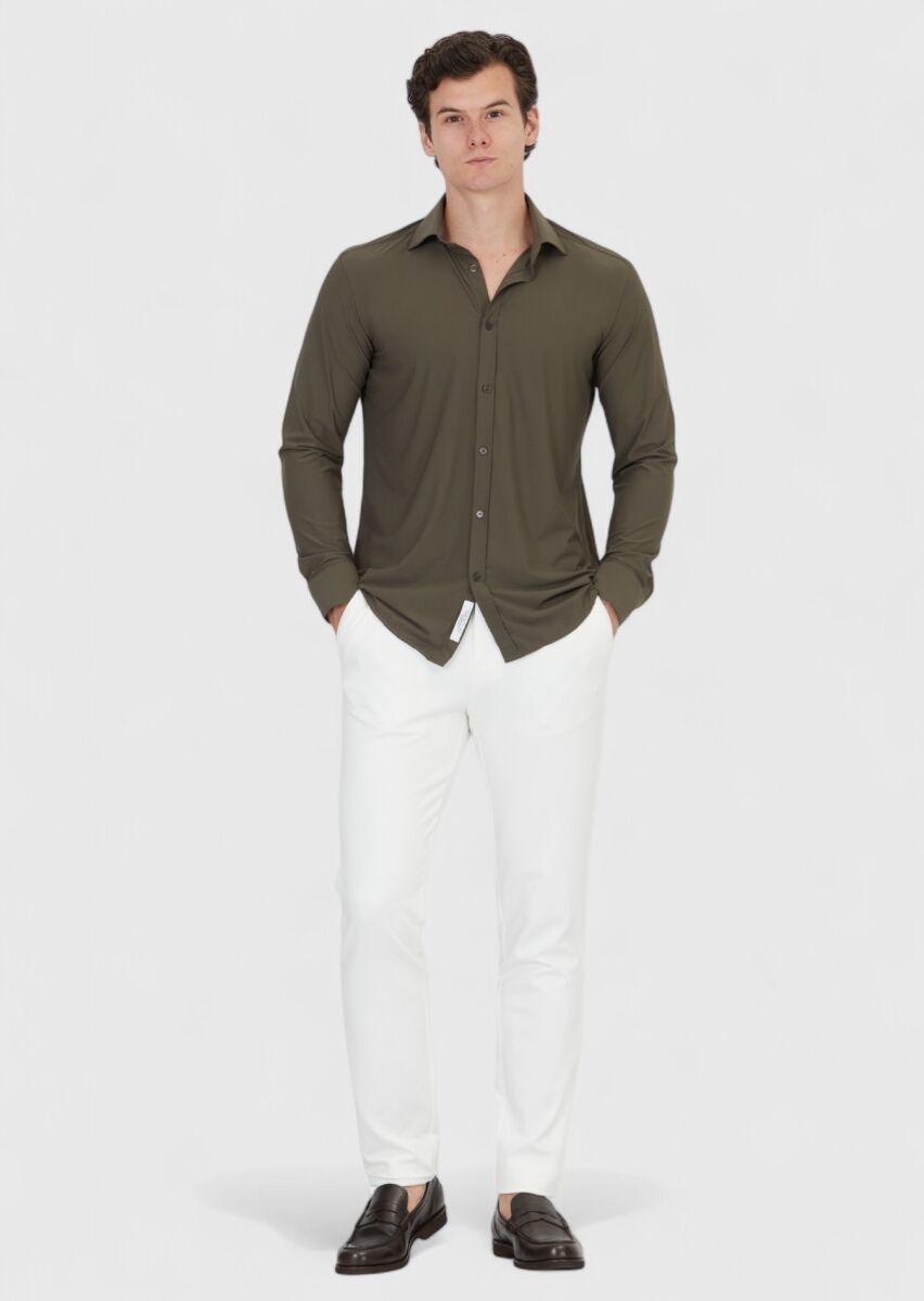 Khaki Plain Regular Fit Weaving Classical Shirt - 2