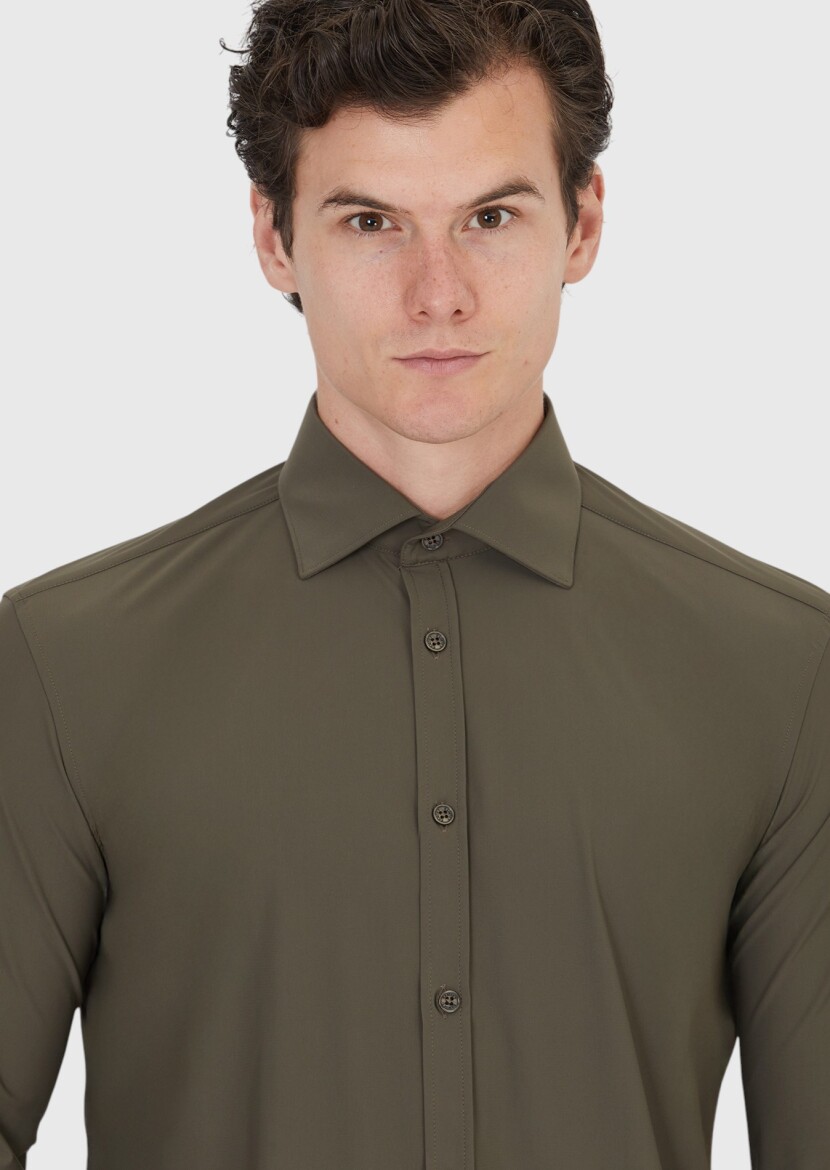 Khaki Plain Regular Fit Weaving Classical Shirt - 3