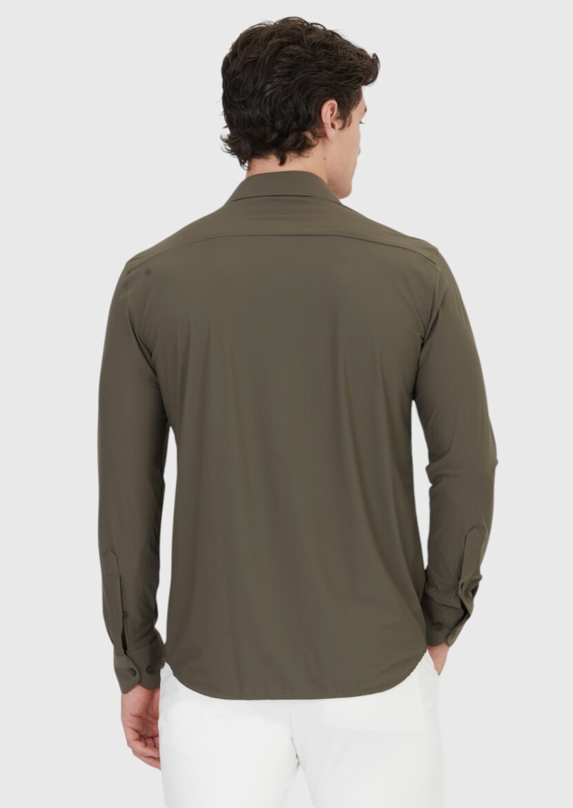 Khaki Plain Regular Fit Weaving Classical Shirt - 5