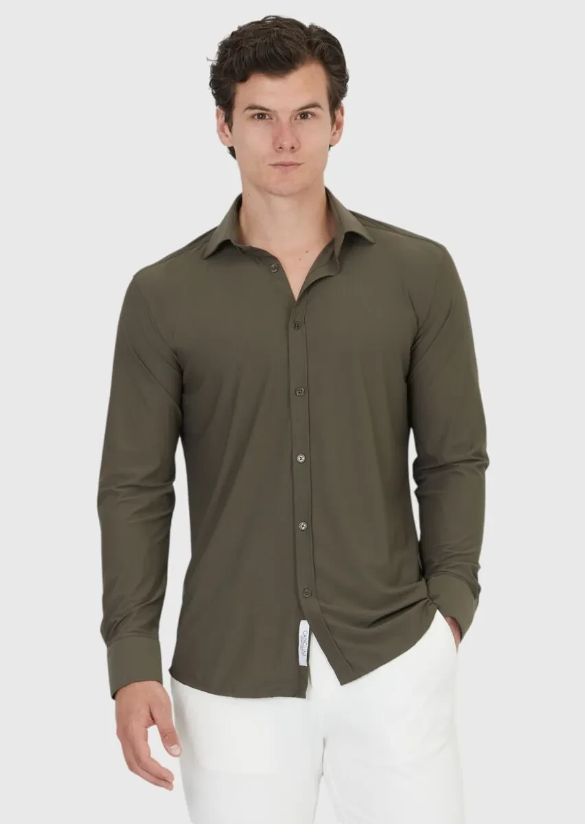 Khaki Plain Regular Fit Weaving Classical Shirt - 1