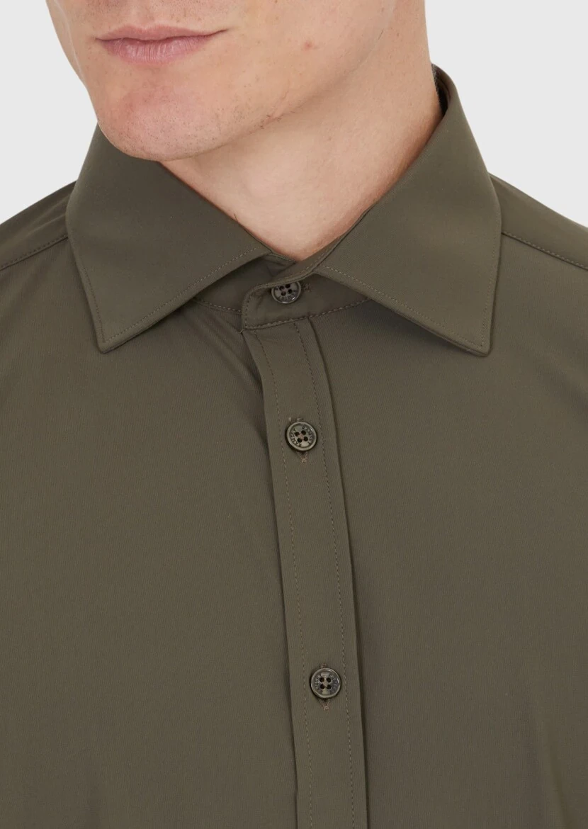 Khaki Plain Regular Fit Weaving Classical Shirt - 4