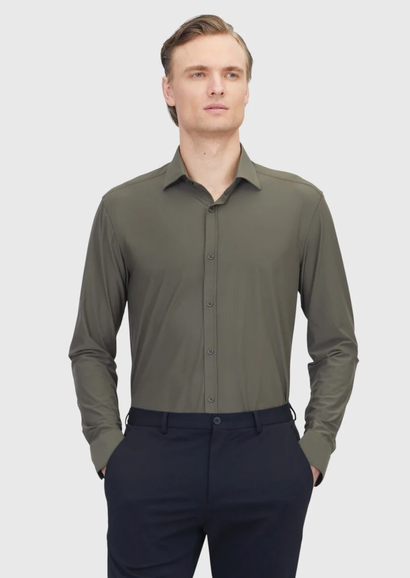 Khaki Plain Regular Fit Weaving Classical Shirt - 1