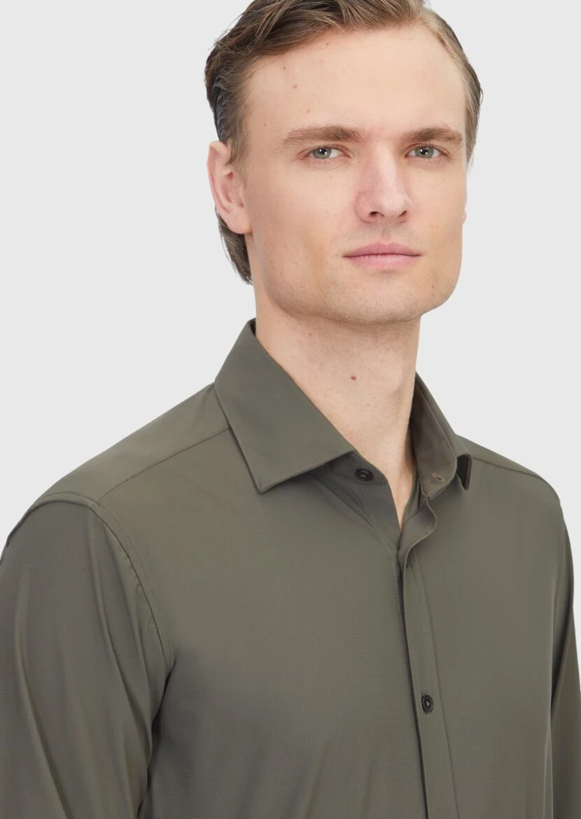 Khaki Plain Regular Fit Weaving Classical Shirt - 3