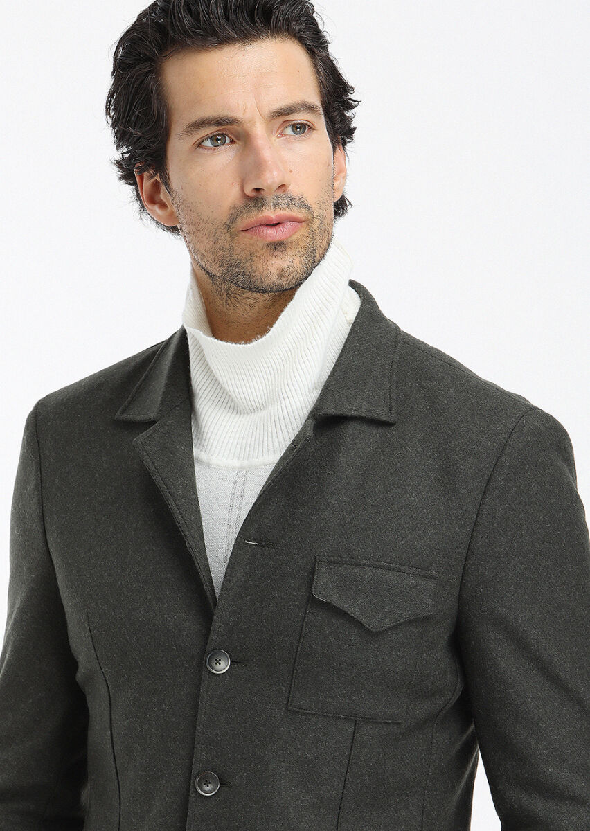 Khaki Plain Shirt Shoulder Slim Fit Wool Blended Jacket - 2
