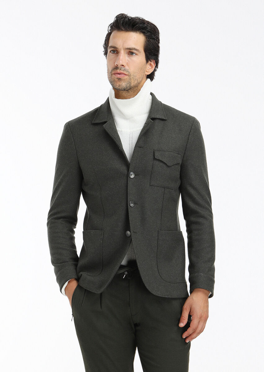 Khaki Plain Shirt Shoulder Slim Fit Wool Blended Jacket - 3