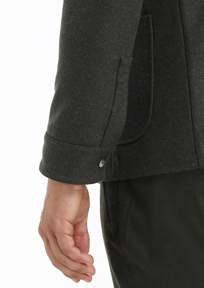 Khaki Plain Shirt Shoulder Slim Fit Wool Blended Jacket - 4