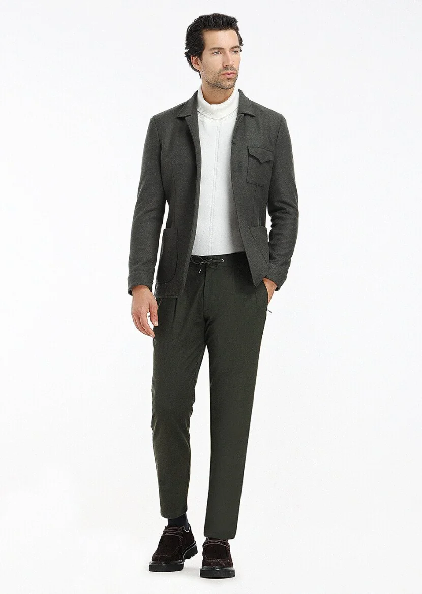 Khaki Plain Shirt Shoulder Slim Fit Wool Blended Jacket - 1