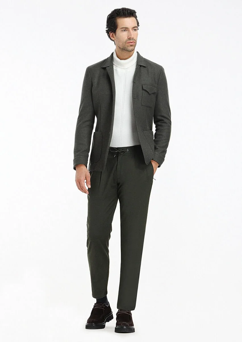 Khaki Plain Shirt Shoulder Slim Fit Wool Blended Jacket - 1