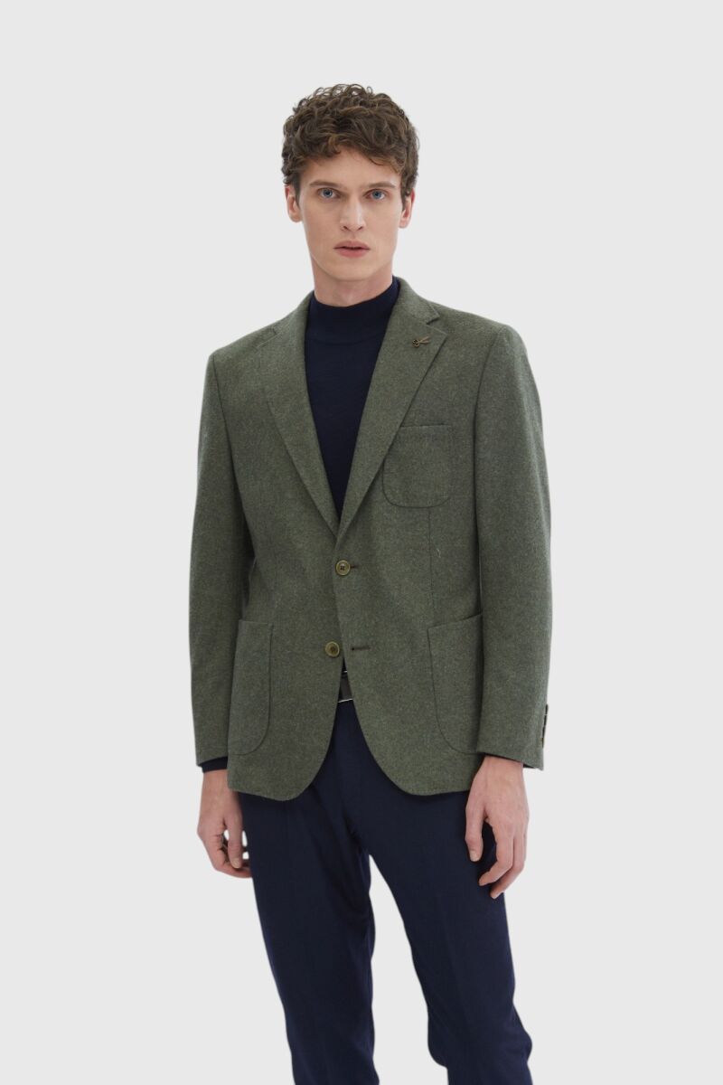 Khaki Plain Shirt Shoulder Slim Fit Wool Blended Jacket - 1
