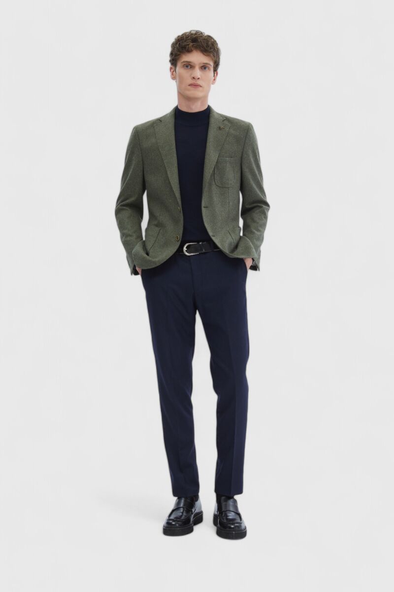 Khaki Plain Shirt Shoulder Slim Fit Wool Blended Jacket - 2