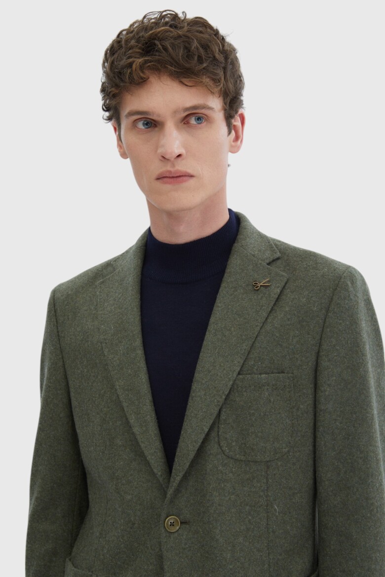 Khaki Plain Shirt Shoulder Slim Fit Wool Blended Jacket - 3