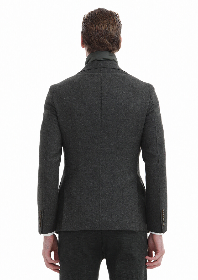 Khaki Plain Shirt Shoulder Slim Fit Wool Blended Jacket - 4