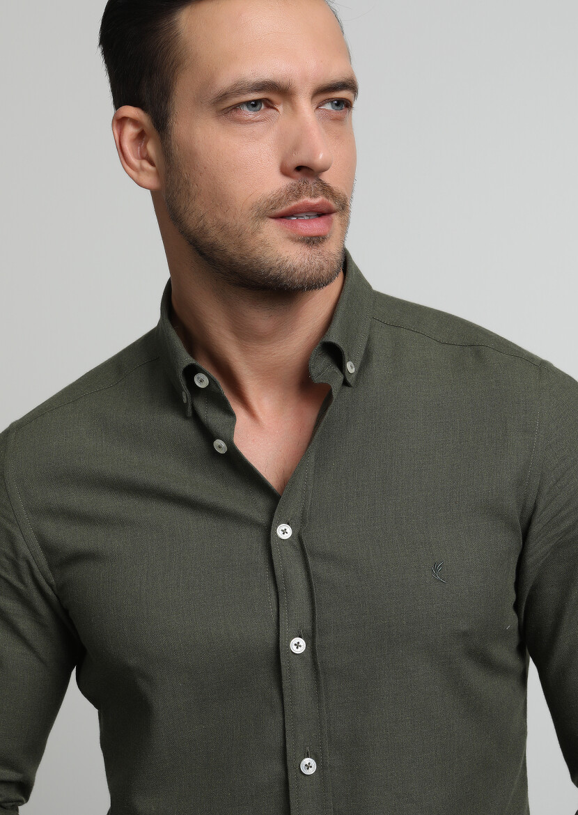 Khaki Plain Slim Fit Long Weaving Casual 100% Cotton Shirt 