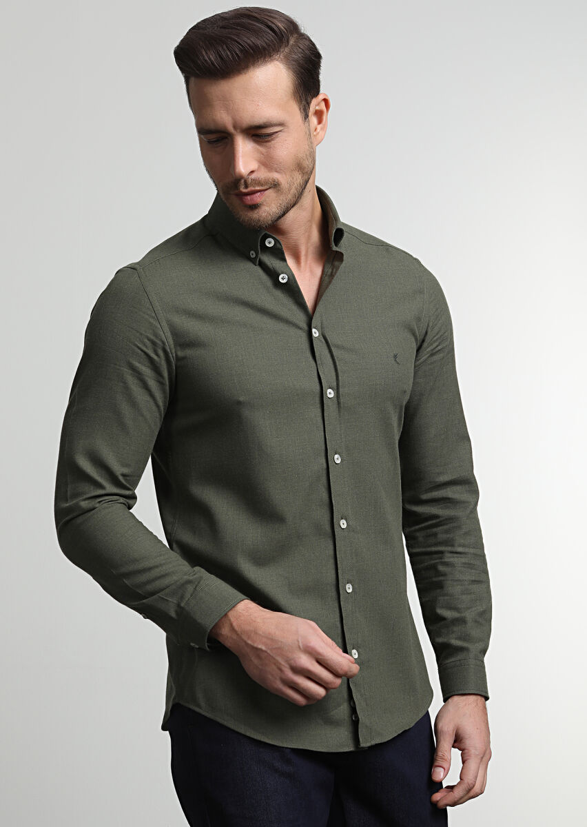 Khaki Plain Slim Fit Long Weaving Casual 100% Cotton Shirt - 3