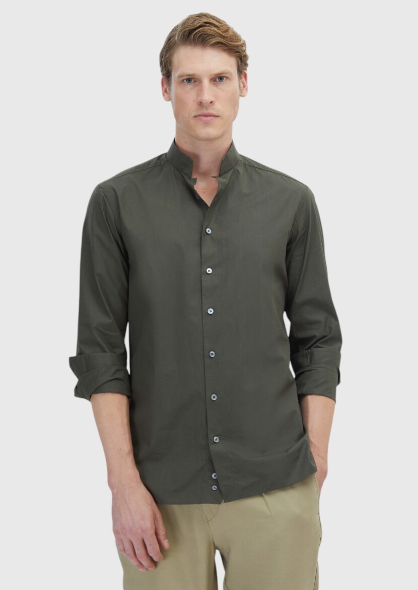 Khaki Plain Slim Fit Long Weaving Classical 100% Cotton Shirt - 1