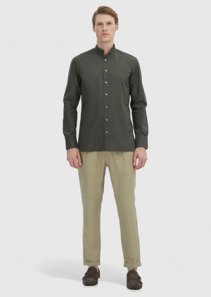 Khaki Plain Slim Fit Long Weaving Classical 100% Cotton Shirt - 2