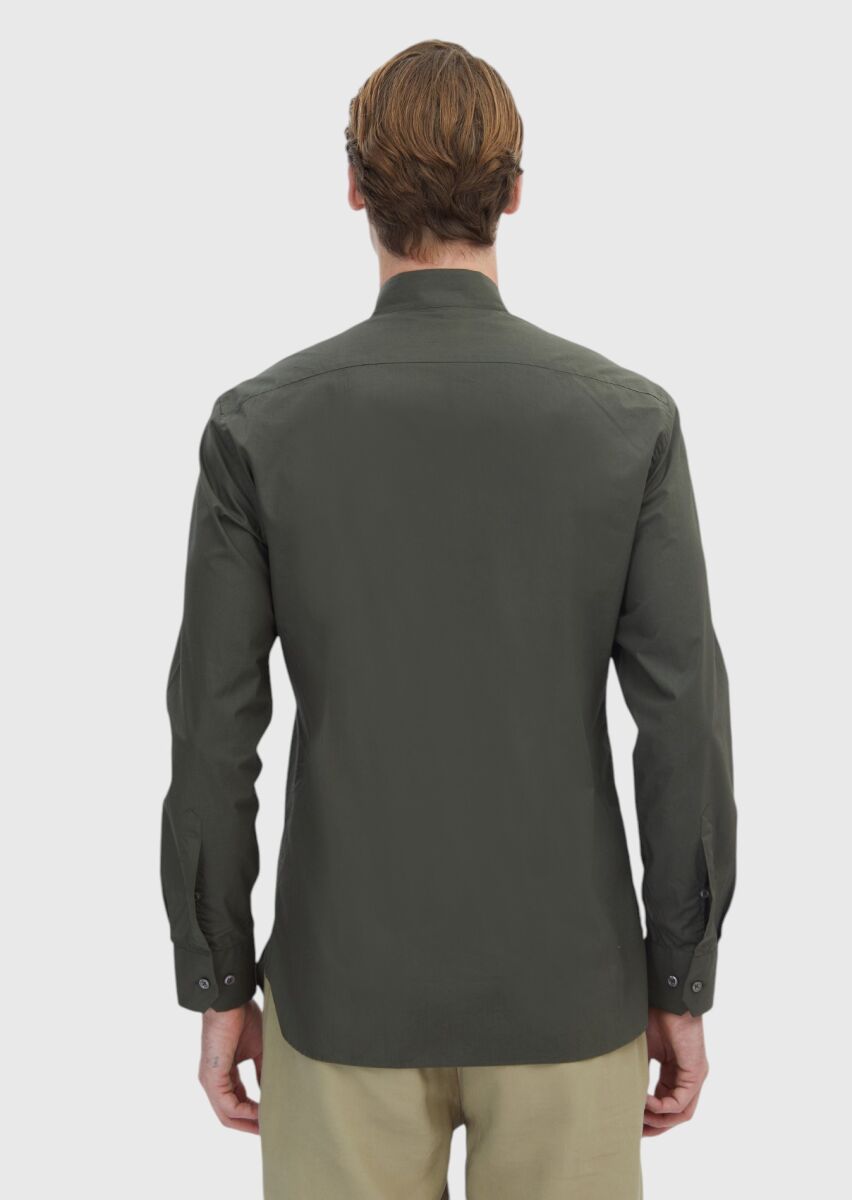 Khaki Plain Slim Fit Long Weaving Classical 100% Cotton Shirt - 4