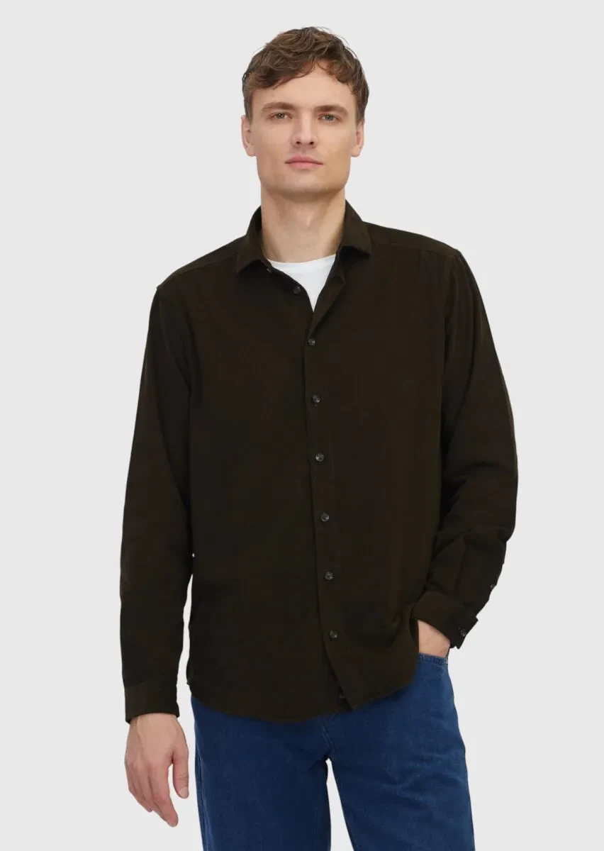 Khaki Plain Weaving Casual 100% Cotton Shirt - 1