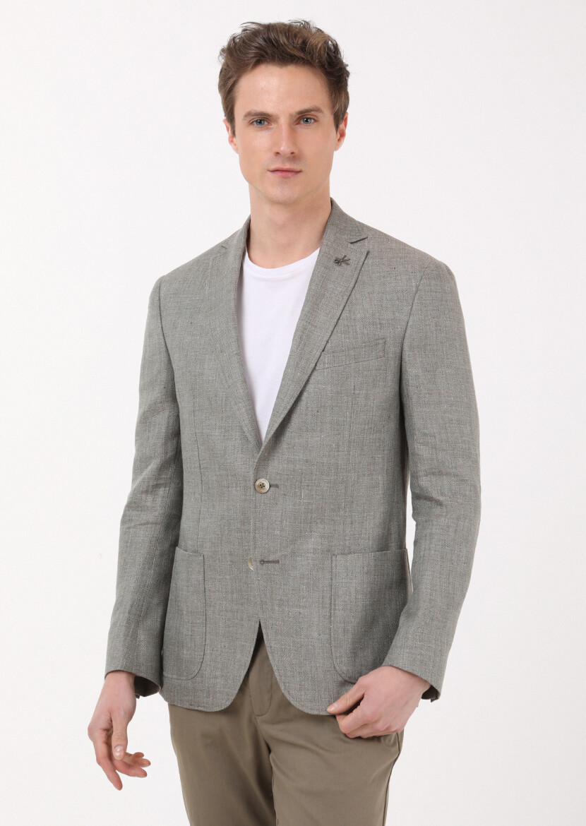Khaki Plain Zeroweight Slim Fit 100% Linen Jacket - 1