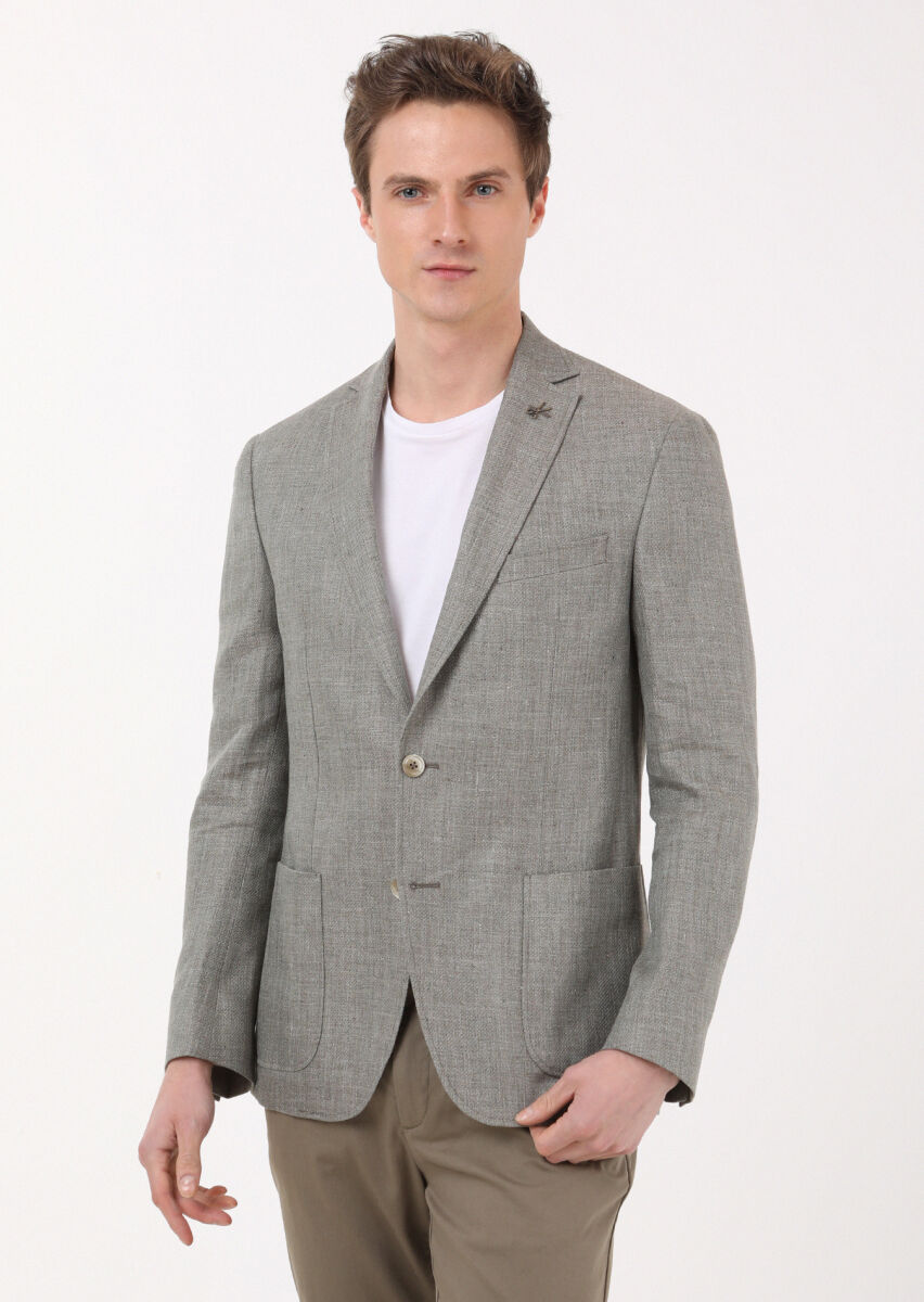 Khaki Plain Zeroweight Slim Fit 100% Linen Jacket - 1