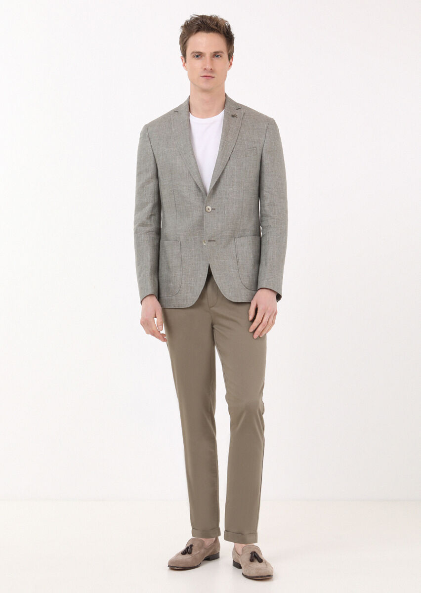 Khaki Plain Zeroweight Slim Fit 100% Linen Jacket - 2