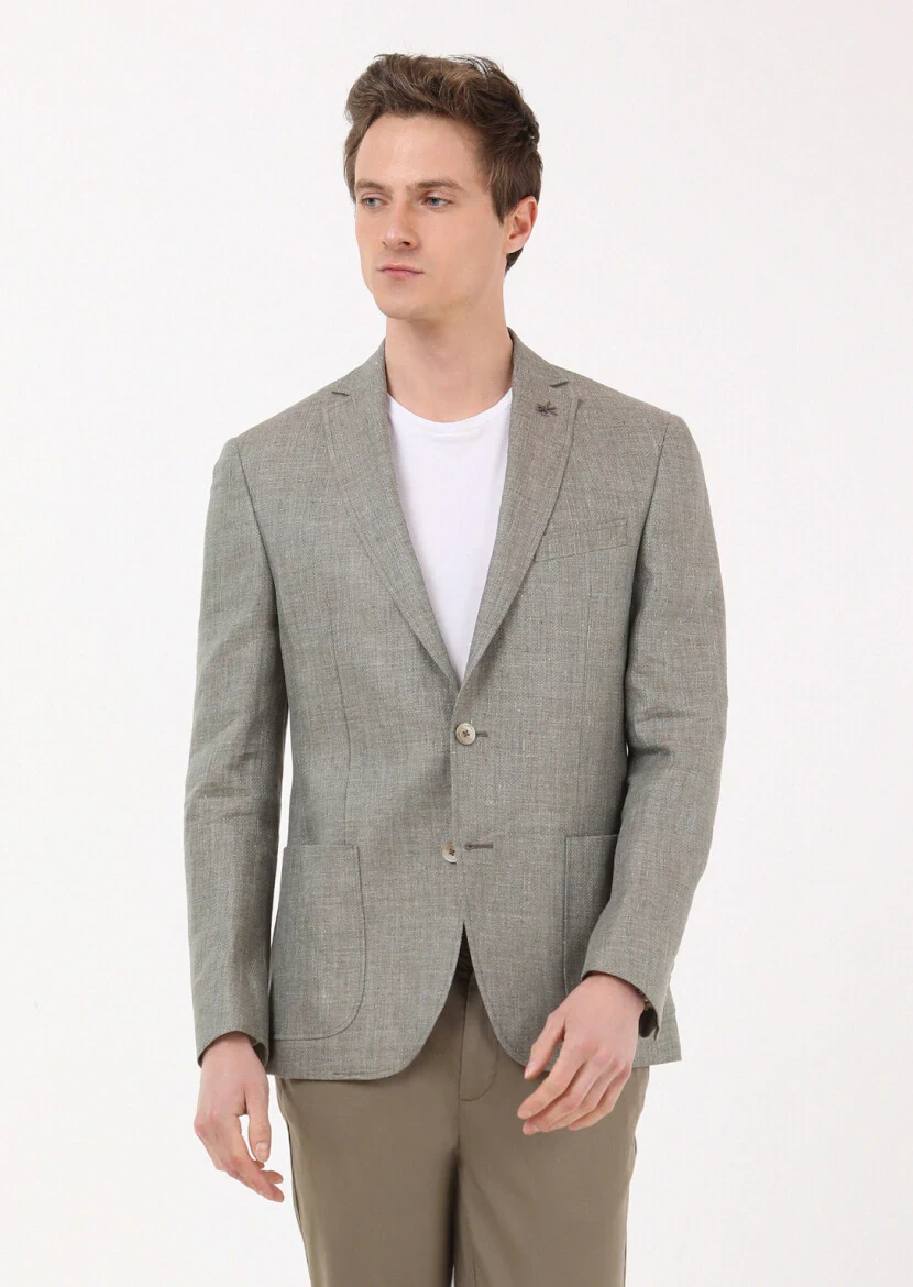 Khaki Plain Zeroweight Slim Fit 100% Linen Jacket - 2