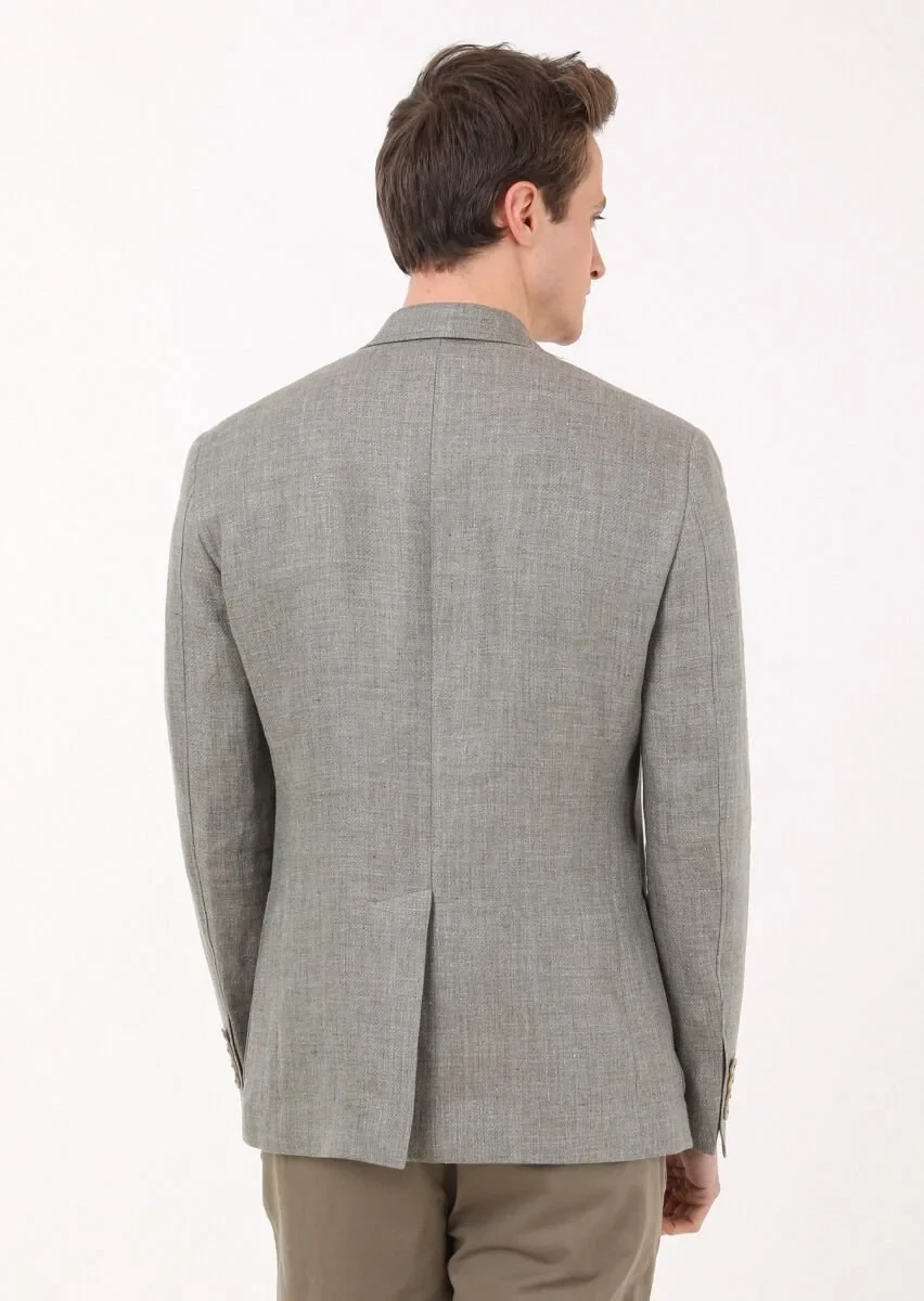 Khaki Plain Zeroweight Slim Fit 100% Linen Jacket - 5