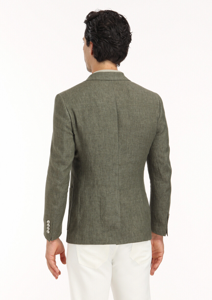 Khaki Plain Zeroweight Slim Fit 100% Linen Jacket - 5