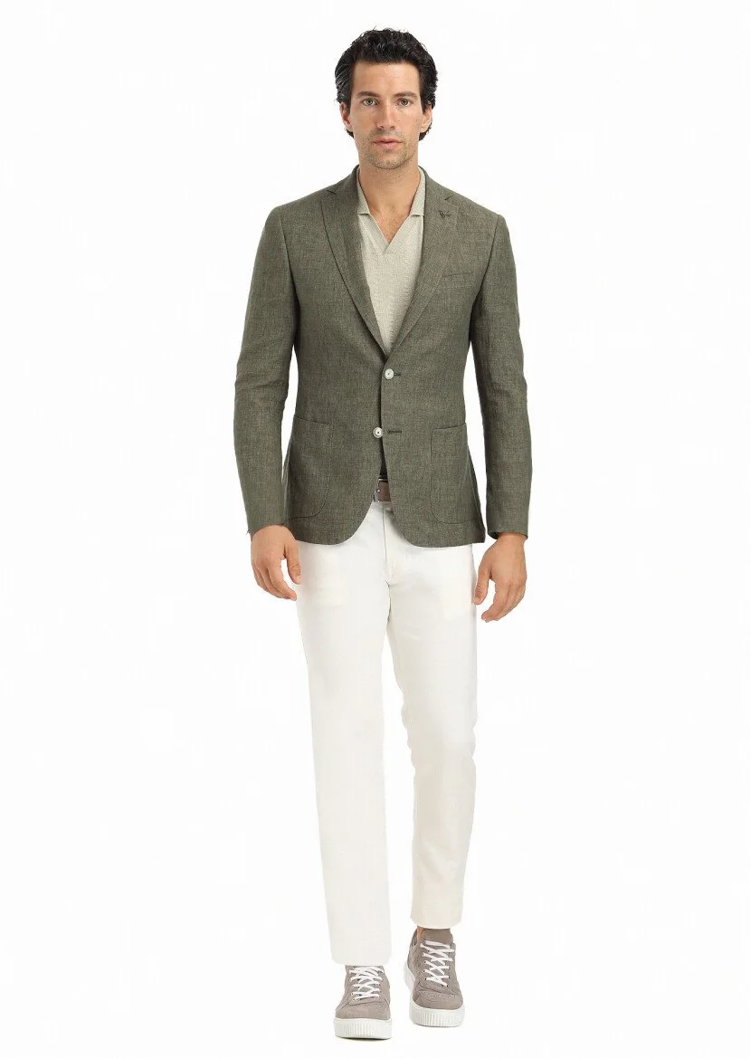 Khaki Plain Zeroweight Slim Fit 100% Linen Jacket - 1